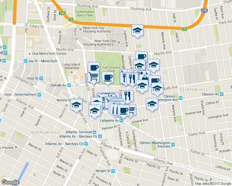 map of restaurants, bars, coffee shops, grocery stores, and more near 26 South Oxford Street in Brooklyn