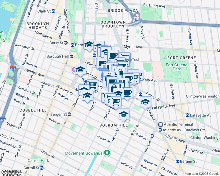 map of restaurants, bars, coffee shops, grocery stores, and more near 250 Livingston Street in Brooklyn