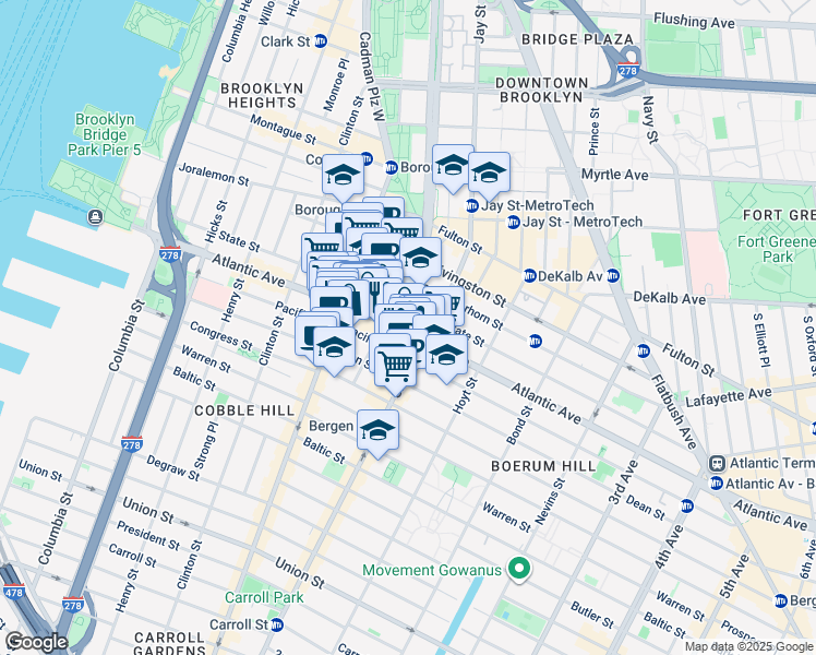 map of restaurants, bars, coffee shops, grocery stores, and more near 245 Atlantic Avenue in Brooklyn