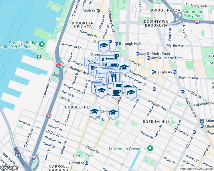 map of restaurants, bars, coffee shops, grocery stores, and more near 163 Court Street in Brooklyn