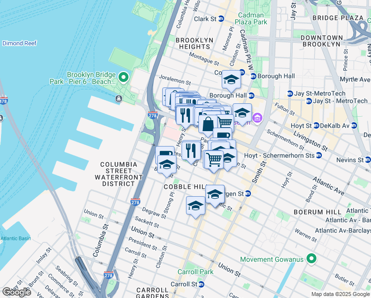 map of restaurants, bars, coffee shops, grocery stores, and more near 122 Amity Street in Brooklyn