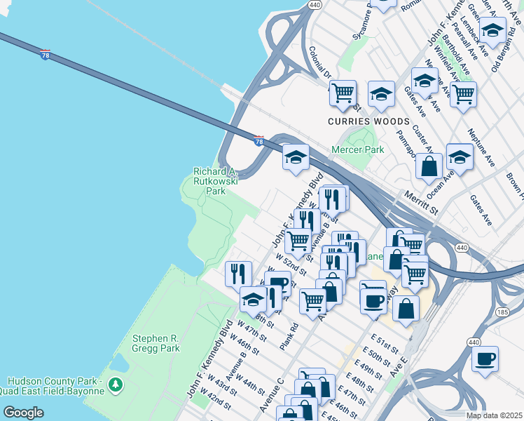 map of restaurants, bars, coffee shops, grocery stores, and more near 8 Sunset Avenue in Bayonne