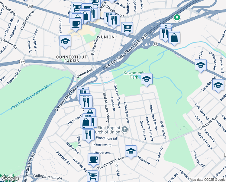 map of restaurants, bars, coffee shops, grocery stores, and more near 696 Thoreau Terrace in Union