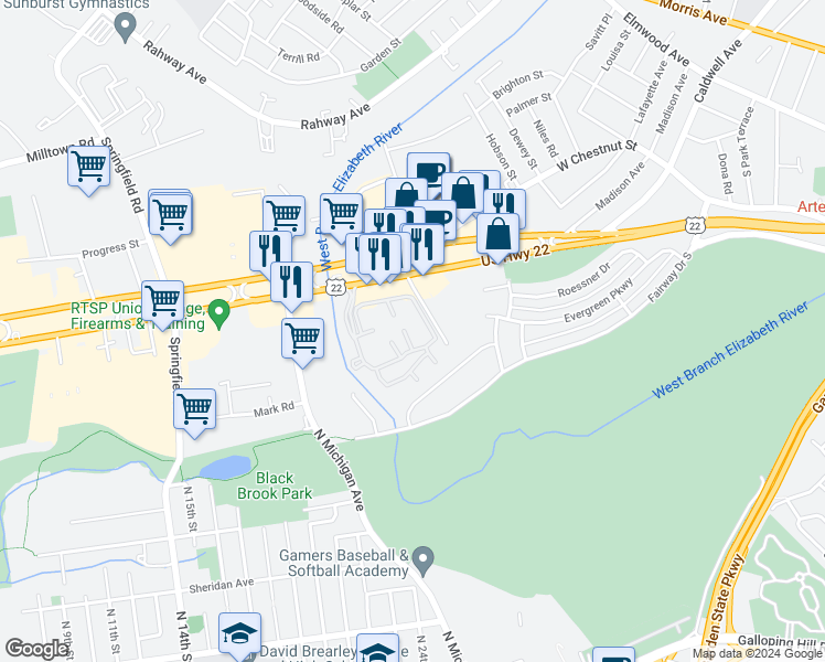 map of restaurants, bars, coffee shops, grocery stores, and more near 412 Tournament Drive in Union