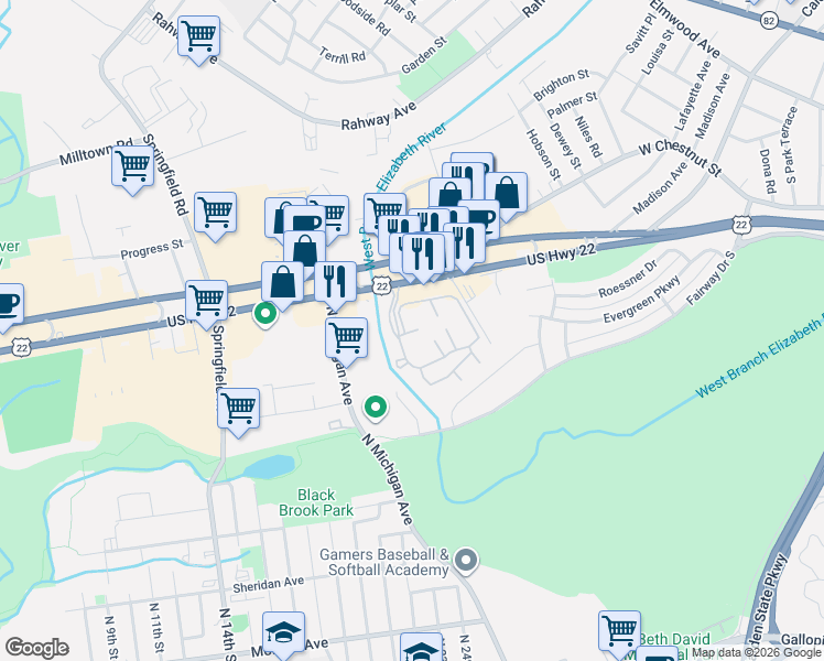 map of restaurants, bars, coffee shops, grocery stores, and more near 2340 U.S. 22 in Union