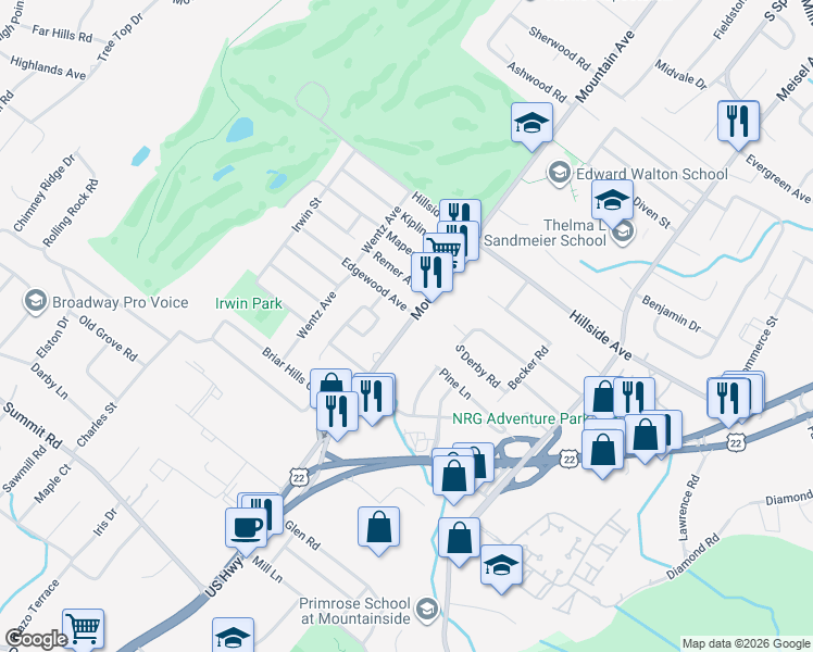 map of restaurants, bars, coffee shops, grocery stores, and more near 799 Mountain Avenue in Springfield