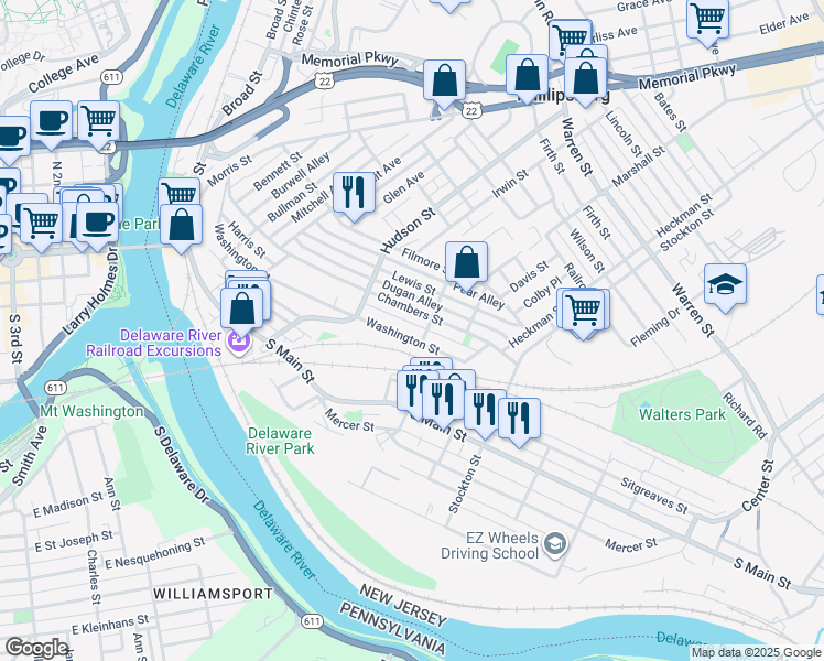 map of restaurants, bars, coffee shops, grocery stores, and more near 281 Washington Street in Phillipsburg