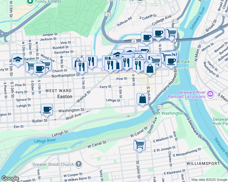 map of restaurants, bars, coffee shops, grocery stores, and more near 123 South 6th Street in Easton