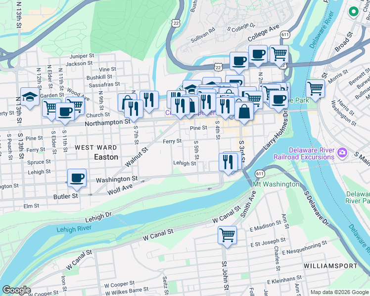 map of restaurants, bars, coffee shops, grocery stores, and more near 123 South 6th Street in Easton