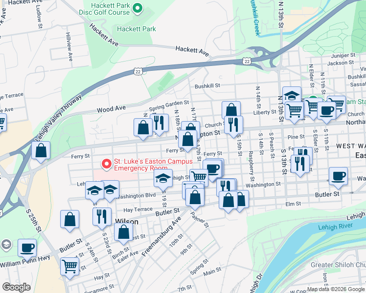map of restaurants, bars, coffee shops, grocery stores, and more near 1805 Ferry Street in Easton