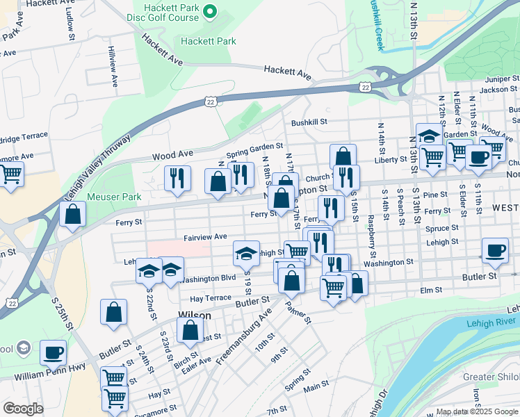 map of restaurants, bars, coffee shops, grocery stores, and more near 1857 Ferry Street in Easton