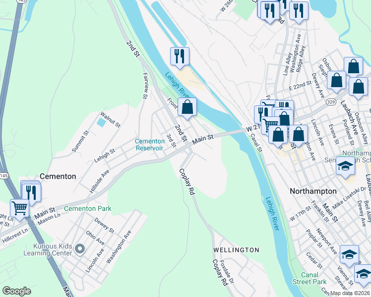 map of restaurants, bars, coffee shops, grocery stores, and more near 5219 Pennsylvania 329 in Lehigh County