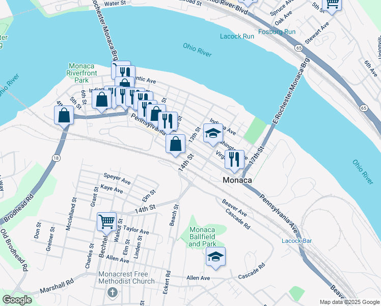 map of restaurants, bars, coffee shops, grocery stores, and more near 1308 Pennsylvania Avenue in Monaca