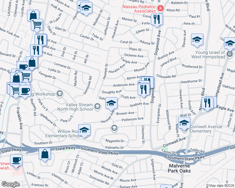 map of restaurants, bars, coffee shops, grocery stores, and more near 769 Craft Avenue in Franklin Square