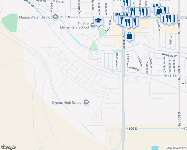 map of restaurants, bars, coffee shops, grocery stores, and more near 3811 Apex Mine Drive in Magna