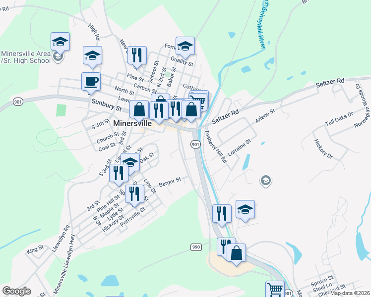 map of restaurants, bars, coffee shops, grocery stores, and more near 101 South Delaware Avenue in Minersville