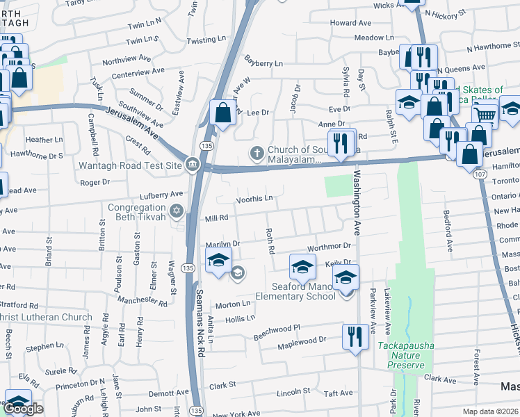 map of restaurants, bars, coffee shops, grocery stores, and more near 3845 Mill Road in Seaford