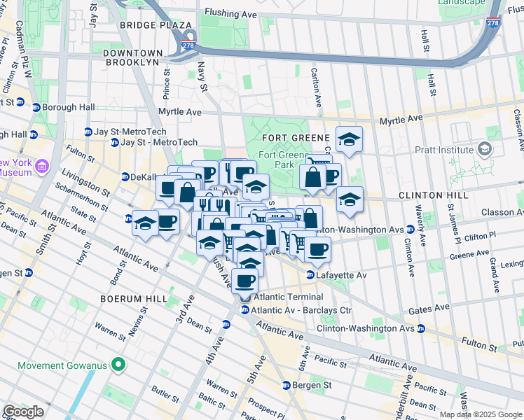 map of restaurants, bars, coffee shops, grocery stores, and more near 29 Fort Greene Place in Brooklyn