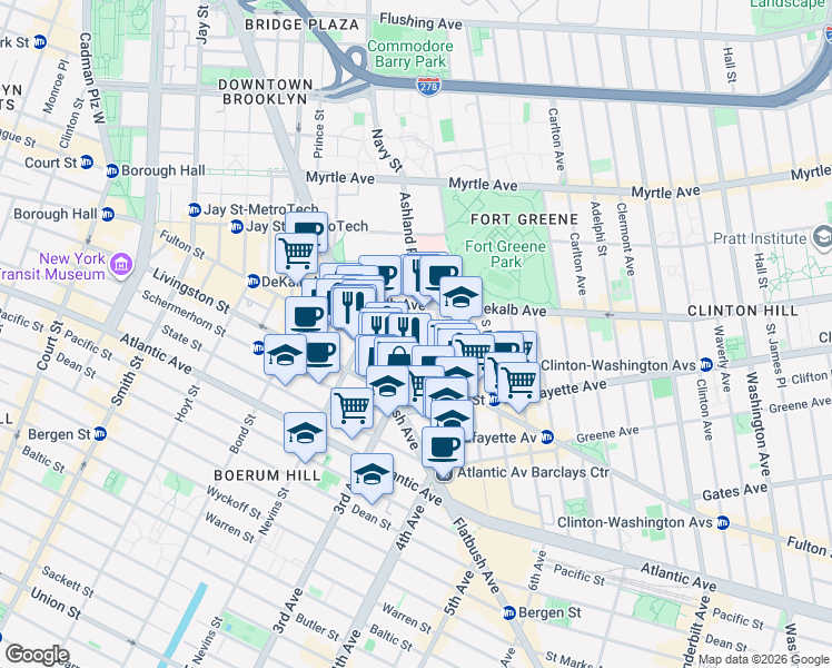 map of restaurants, bars, coffee shops, grocery stores, and more near 200 Ashland Place in Brooklyn