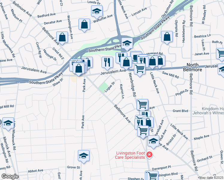 map of restaurants, bars, coffee shops, grocery stores, and more near 2417 Knob Hill Drive in North Bellmore