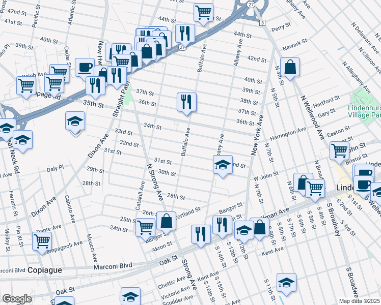 map of restaurants, bars, coffee shops, grocery stores, and more near 288 32nd St in Lindenhurst