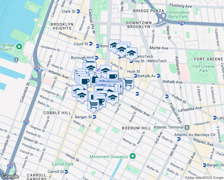 map of restaurants, bars, coffee shops, grocery stores, and more near 290 State Street in Brooklyn