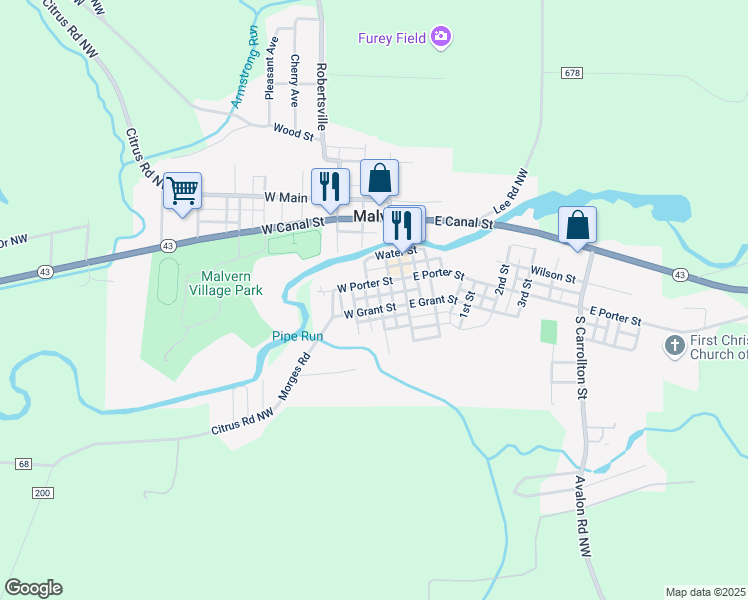 map of restaurants, bars, coffee shops, grocery stores, and more near 117 South Canton Street in Malvern