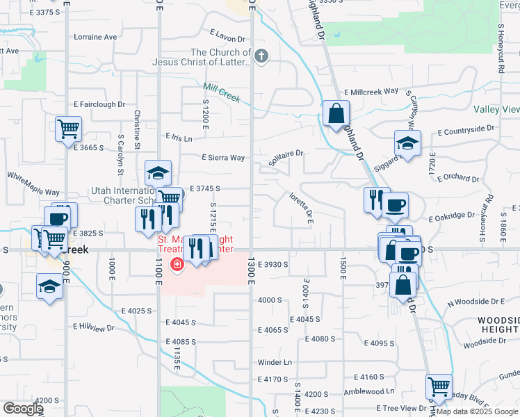 map of restaurants, bars, coffee shops, grocery stores, and more near 3779 1300 East in Millcreek