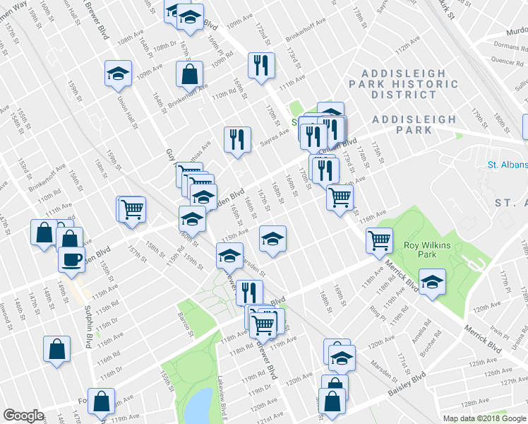 map of restaurants, bars, coffee shops, grocery stores, and more near 114-46 167th Street in Queens