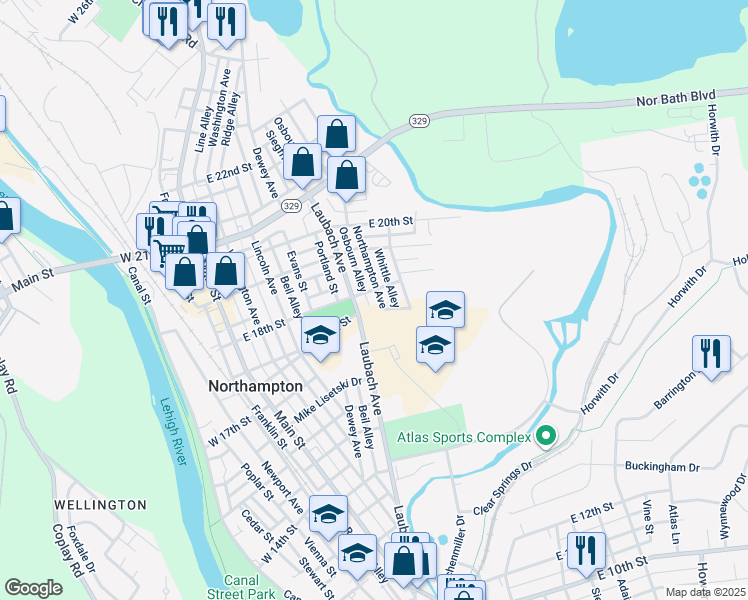 map of restaurants, bars, coffee shops, grocery stores, and more near 1710 Northampton Avenue in Northampton