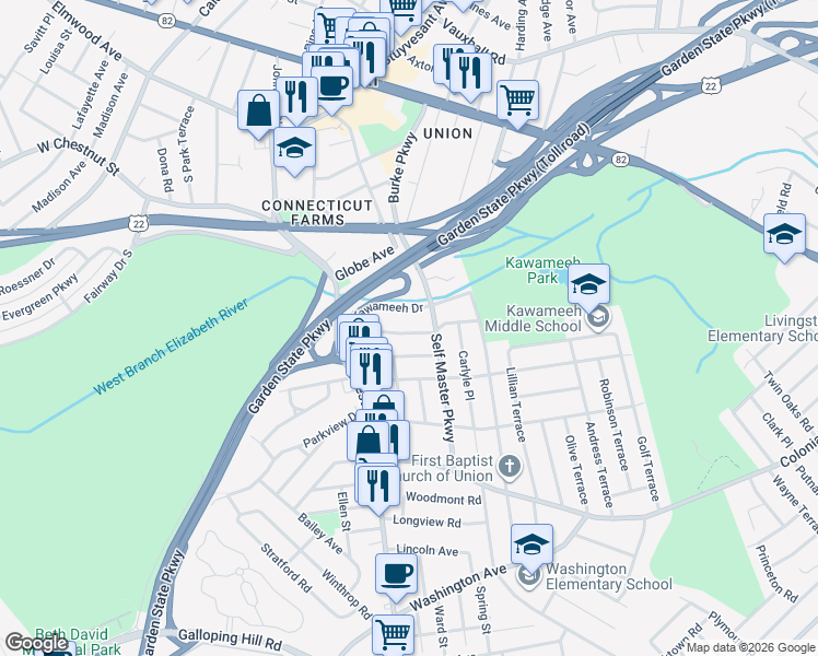 map of restaurants, bars, coffee shops, grocery stores, and more near 274 Winfield Terrace in Union