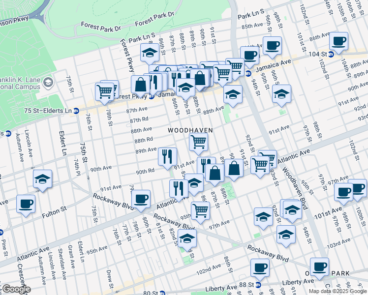 map of restaurants, bars, coffee shops, grocery stores, and more near 89-16 86th Street in Queens