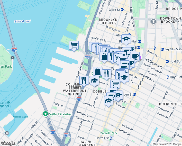 map of restaurants, bars, coffee shops, grocery stores, and more near 119 Congress Street in Brooklyn