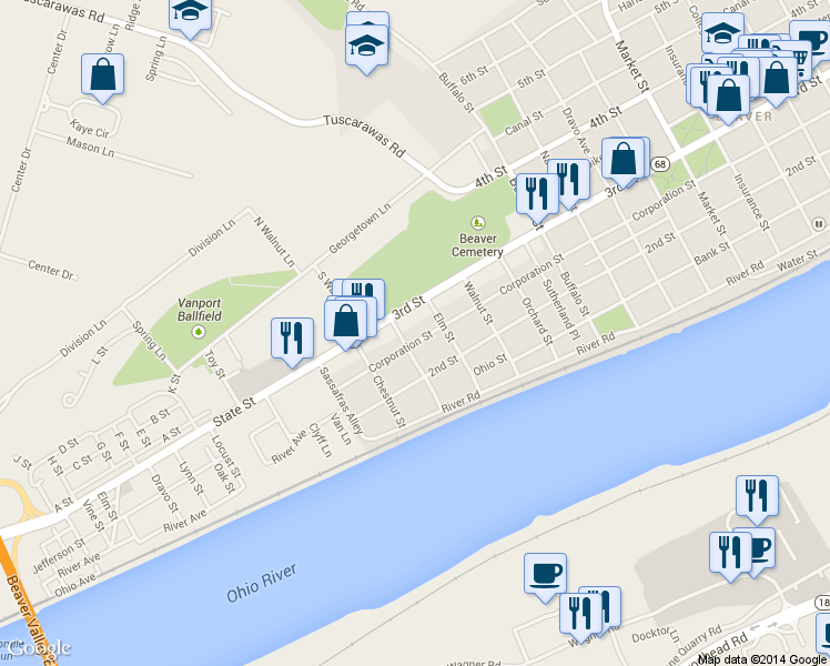 map of restaurants, bars, coffee shops, grocery stores, and more near 1540 Corporation Street in Beaver