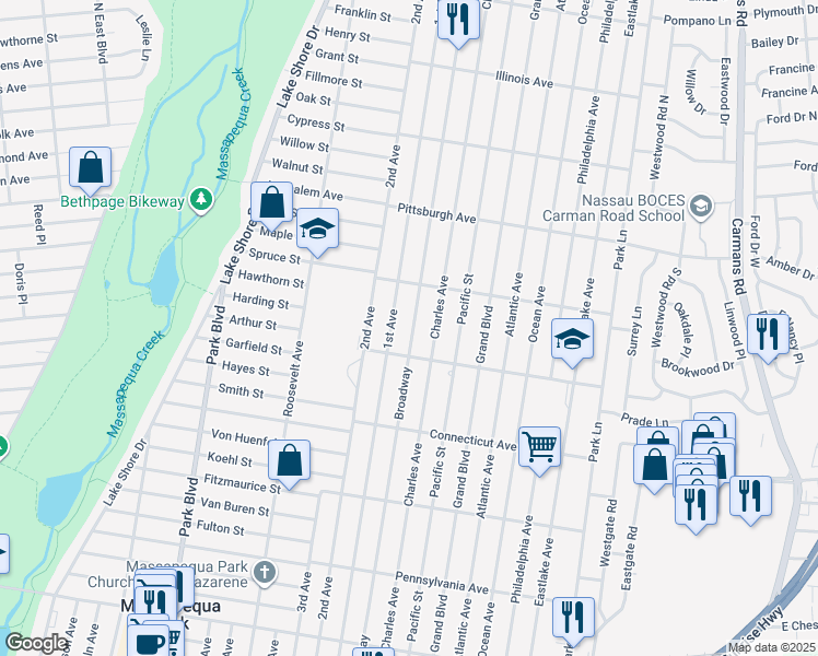 map of restaurants, bars, coffee shops, grocery stores, and more near 216 Broadway in Massapequa Park