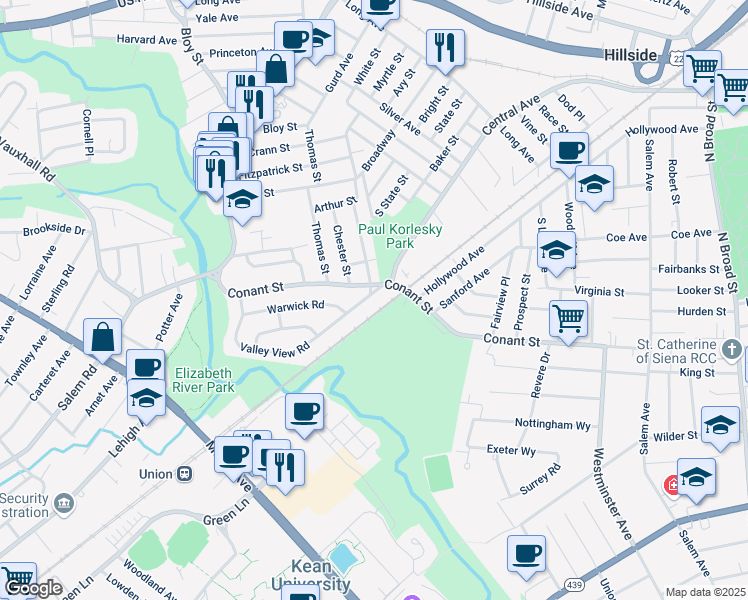 map of restaurants, bars, coffee shops, grocery stores, and more near 15 Valley View Road in Hillside