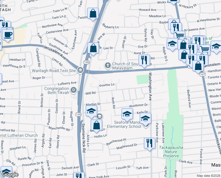 map of restaurants, bars, coffee shops, grocery stores, and more near 3845 Mill Road in Seaford