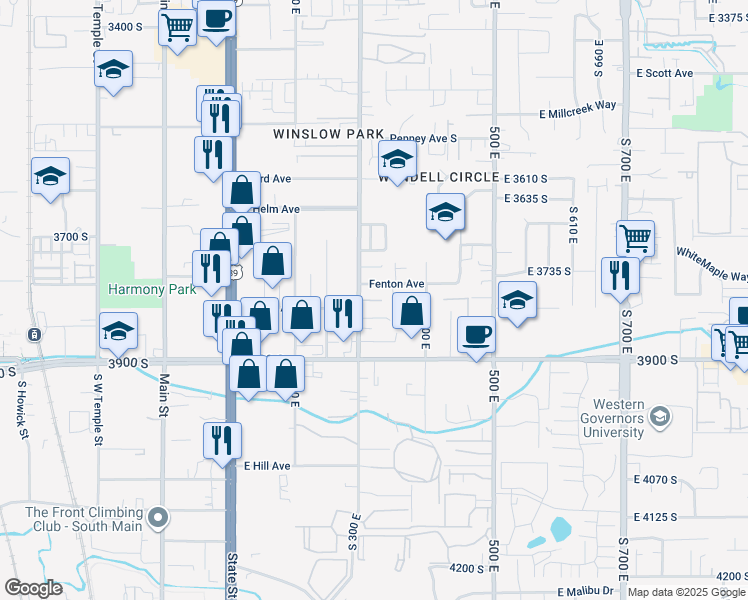 map of restaurants, bars, coffee shops, grocery stores, and more near 312 Old Granite Cove in South Salt Lake