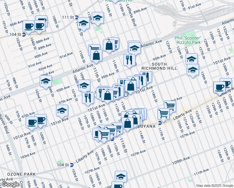 map of restaurants, bars, coffee shops, grocery stores, and more near 95-78 113th Street in Queens