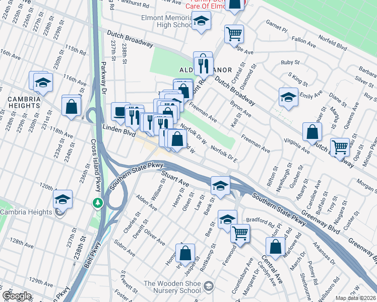 map of restaurants, bars, coffee shops, grocery stores, and more near 73 Cromer Road West in Elmont