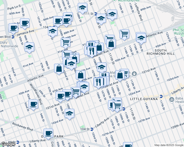 map of restaurants, bars, coffee shops, grocery stores, and more near 95-26 107th Street in Queens