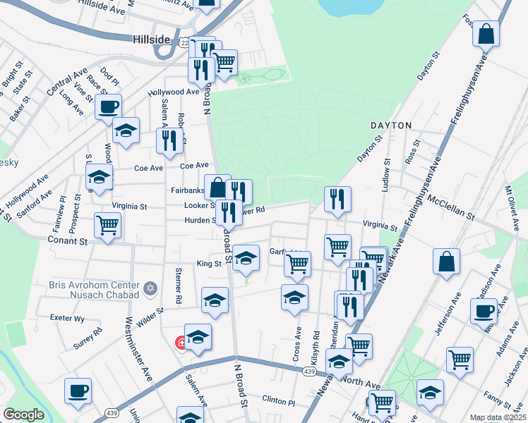 map of restaurants, bars, coffee shops, grocery stores, and more near 1410 Lower Road in Elizabeth