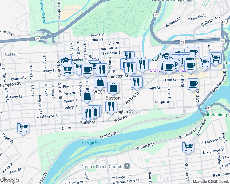 map of restaurants, bars, coffee shops, grocery stores, and more near 834 Ferry Street in Easton