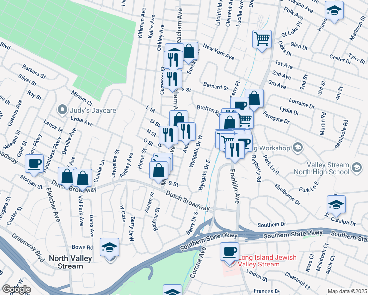 map of restaurants, bars, coffee shops, grocery stores, and more near 1300 O Street in Elmont