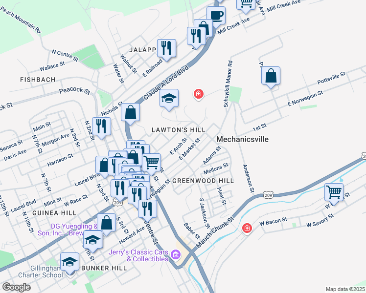 map of restaurants, bars, coffee shops, grocery stores, and more near 519 1/2 East Arch Street in Pottsville