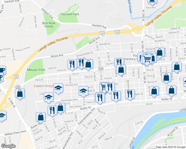 map of restaurants, bars, coffee shops, grocery stores, and more near 1805 Ferry Street in Easton