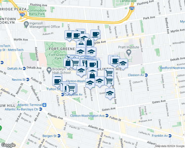 map of restaurants, bars, coffee shops, grocery stores, and more near 276 Vanderbilt Avenue in Brooklyn