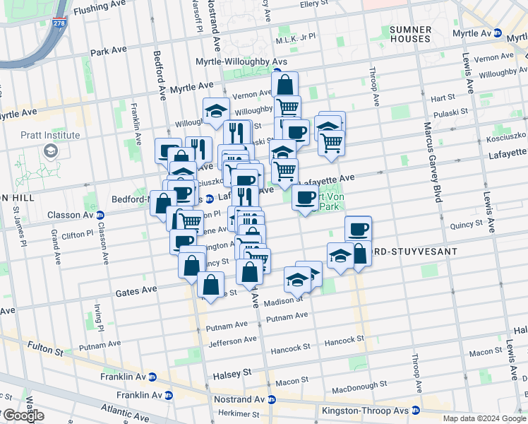 map of restaurants, bars, coffee shops, grocery stores, and more near 360 Clifton Place in Brooklyn