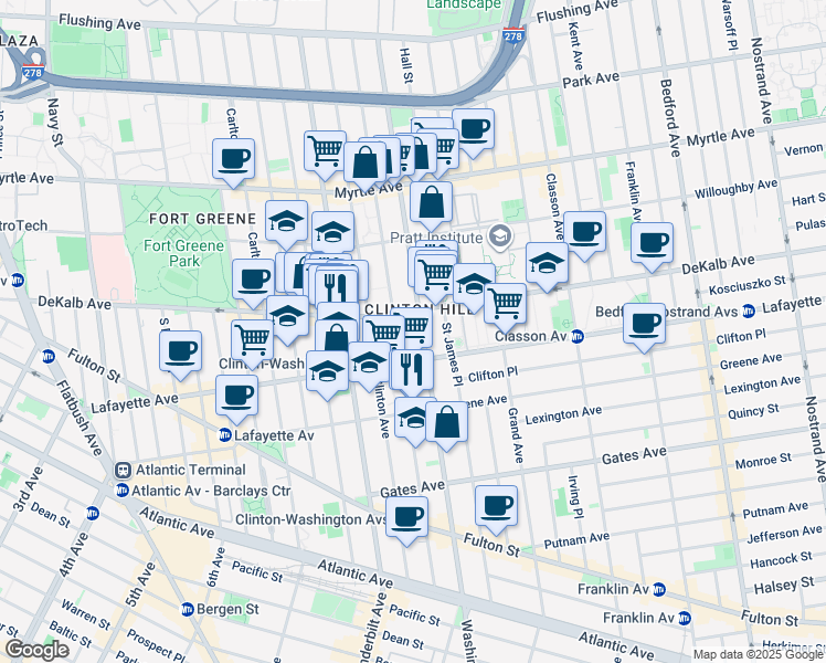 map of restaurants, bars, coffee shops, grocery stores, and more near 320 Washington Avenue in Brooklyn