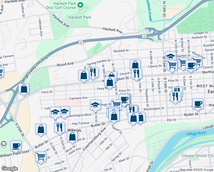 map of restaurants, bars, coffee shops, grocery stores, and more near 1805 Ferry Street in Easton